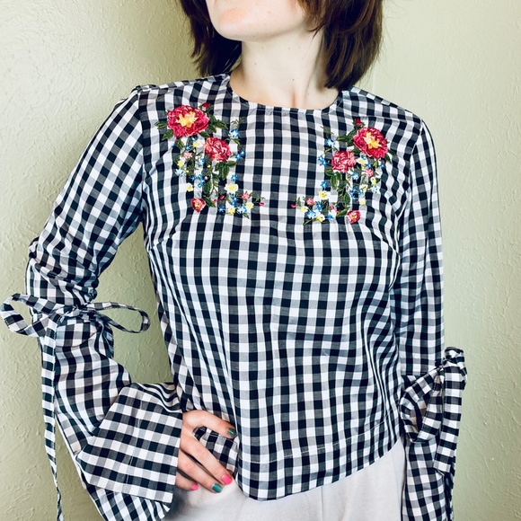 CMNC Zara Black White Checker Gingham Top Bows Embroidered Floral Bell Sleeve‎ - Picture 1 of 11